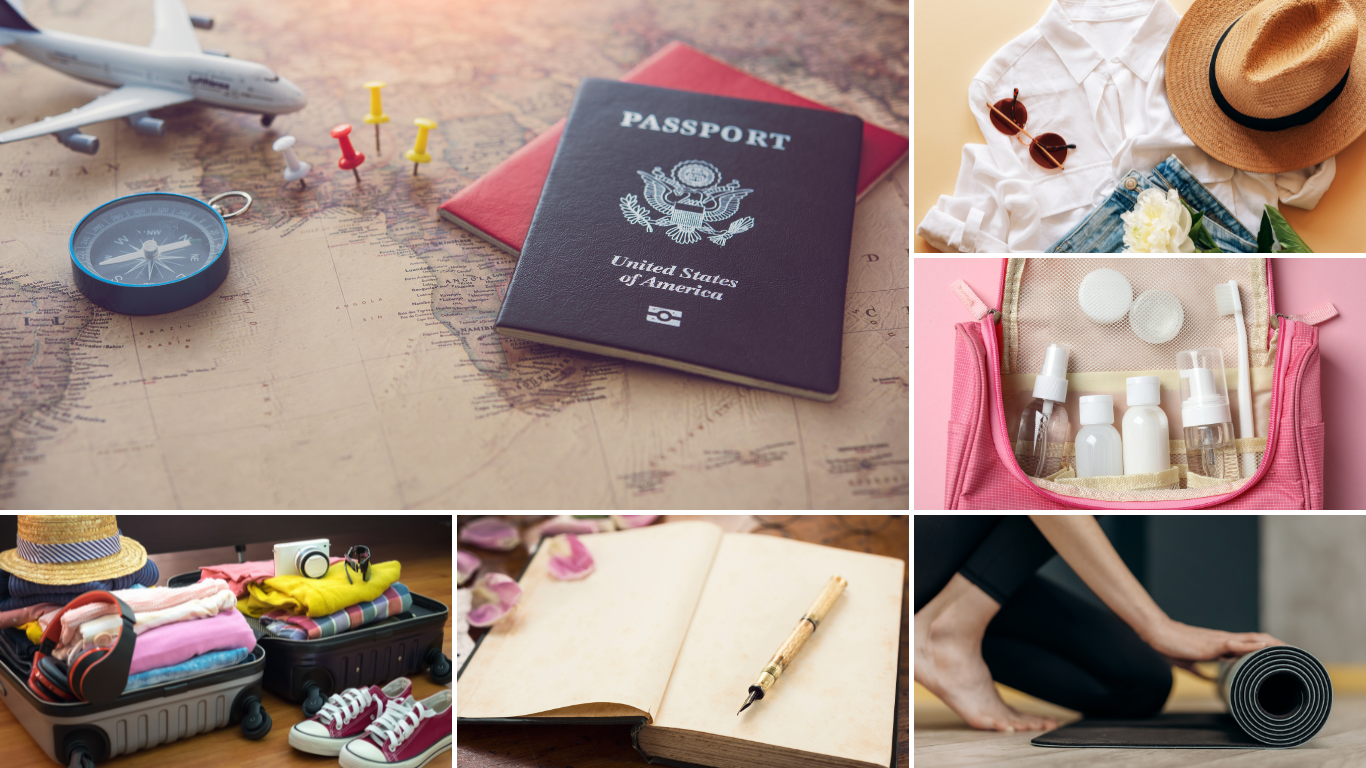 Travel items A collage of items associated with travel, including: a passport, compass, plane, travel journal, travel-sized toiletries, and a packed suitcase.